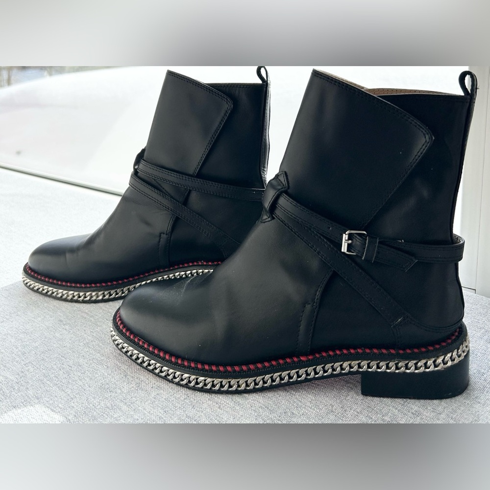 Authentic Christian Louboutin Black Leather Chelsea Boots with Chain Detail